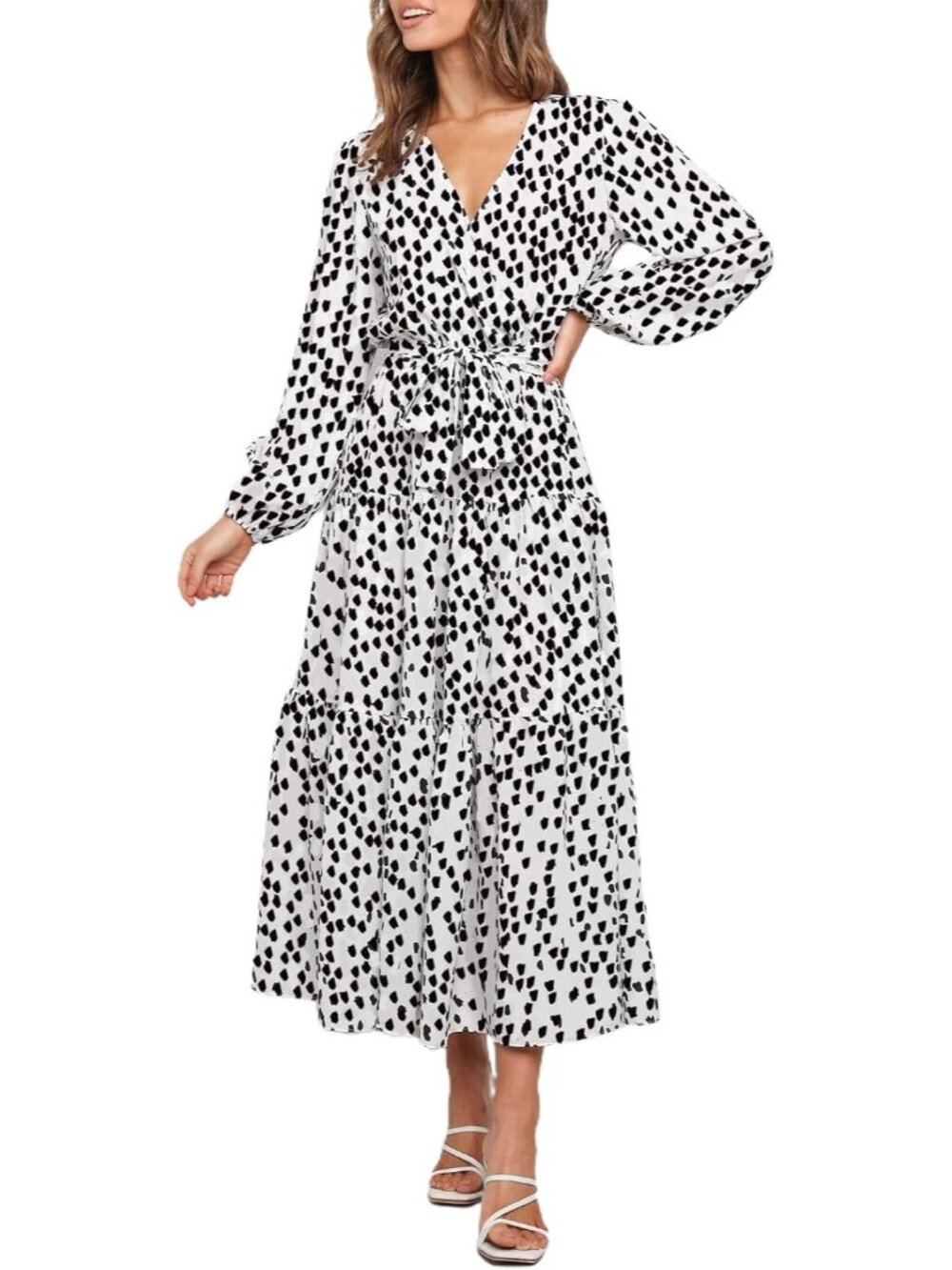 Women's White Leopard Long Sleeve Boho Floral Wrap Wedding Guest Maxi Dresses